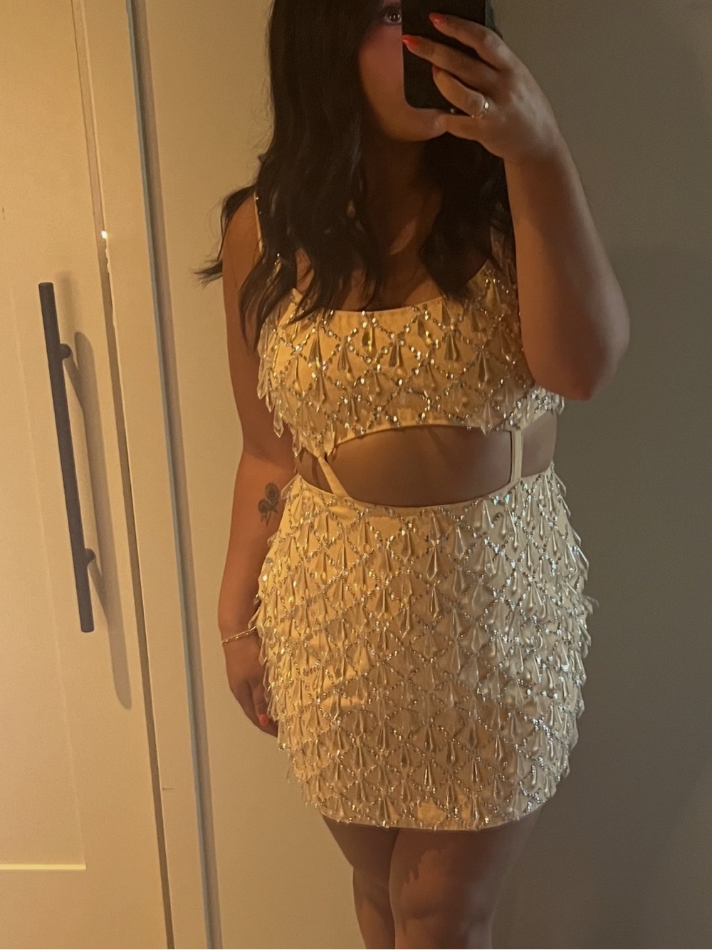 Beaded Cutout Mini Dress - Cream